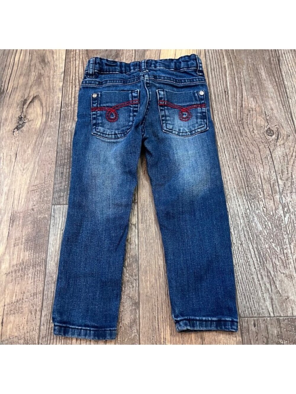 Minoti Girls Blue Denim Jeans Medium Wash Red Contrast Stitching Size 2-3 Years